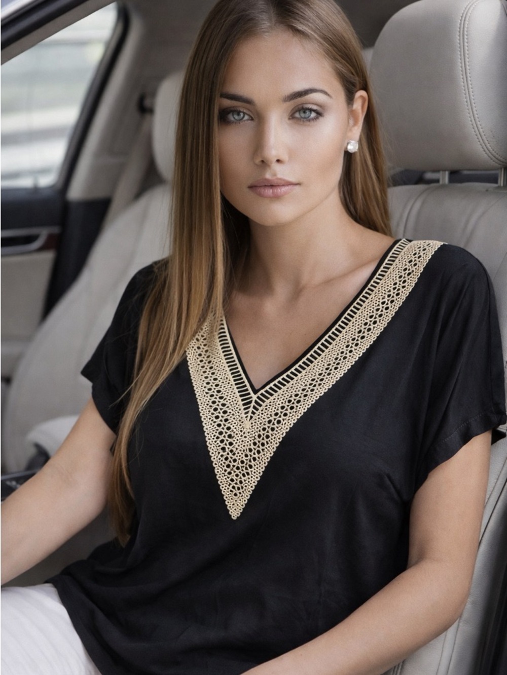 Black V-Neck Blouse with Beige Crochet Trim NWOT